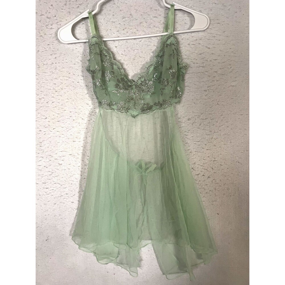 Victoria Secret Babydoll Slip Dress Sz M Mesh Silver Bling Seafoam Sexy